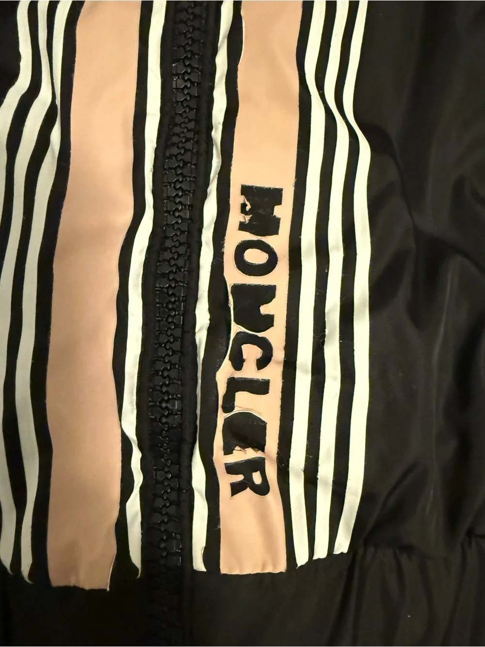 Moncler Black Hooded Jacket with Tan/Dusty Pink and White Stripe Panel Size 6